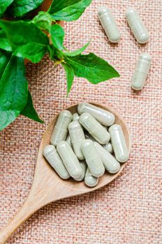 Pile of herbal medicine capsules in wooden spoon with green leaf on sack background.