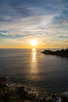 Silhouette yacht. Boat on the andaman sea at sunset in Phuket, south of Thailand