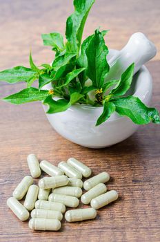 Pile of herbal medicine in capsules and ceramic mortar with green leaf on wooden background.
