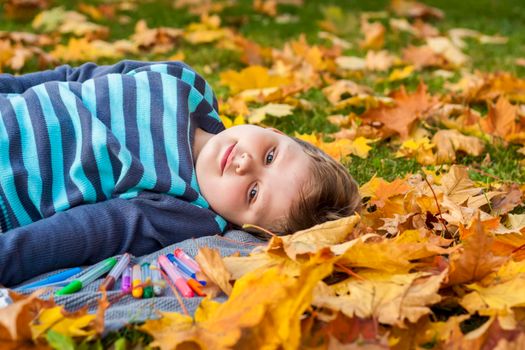 Autumn mood. The boy is thoughtfully drawing something in his notebook.Autumn portrait of a child in yellow foliage. Sight. A sweet, caring boy. Autumn