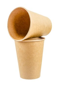 Disposable Brown paper cup for coffee, tea, a drink from environmental materials isolated on a white background, Save clipping path.