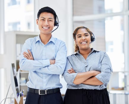 Call center, portrait and team smile together in office with headset for telemarketing sales. Diversity workplace for man and woman agent with arms crossed for customer service or contact us support.