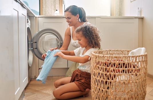 Cleaning, help and washing machine with mother and daughter for laundry, learning and cleaner. Housekeeping, teamwork and basket with woman and young girl in family home for teaching and clothes.