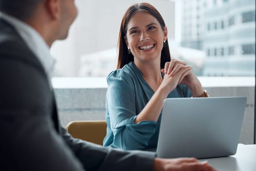 Business meeting, woman and happy with laptop, working in company office, building or teamwork discussion. Female employee, manager or conversation with executive, ceo or feedback from boss.
