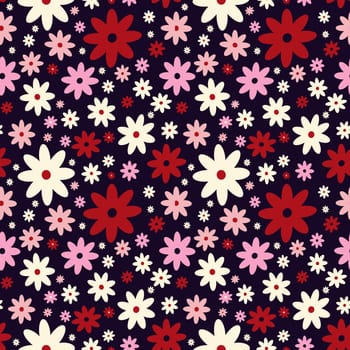 Blue pink Creative vibrant quirky expressive floral pattern in 60s in bright juicy colors