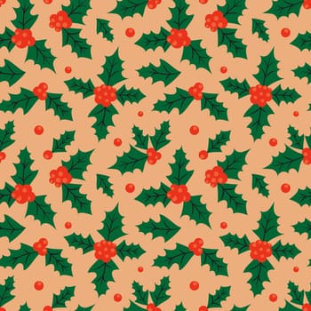 Retro Christmas seamless background with holly leaves and berries. Holly seamless pattern