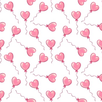 seamless pattern with pink heart shaped air balloons on white background