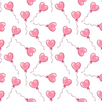 seamless pattern with pink heart shaped air balloons on white background