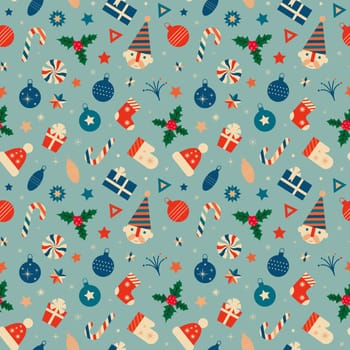 Retro Christmas seamless pattern with Christmas symbols gifts, santa claus, hats, mittens, snowflakes, sweets.