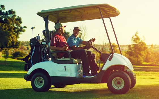 Where did you get your cart license. two men sitting in a cart on a golf course