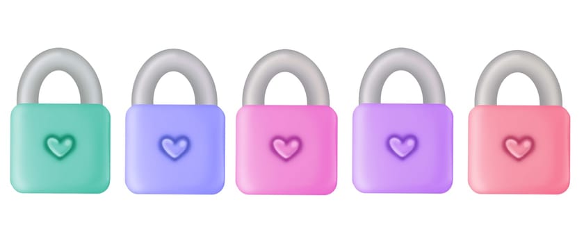 Set of colorful locks with hearts as symbol of love against white background