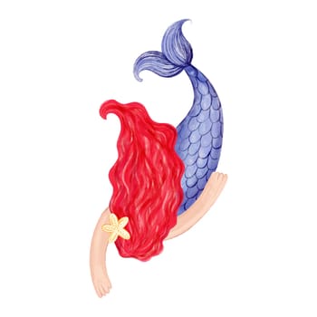 Cute mermaid with red hair on a white background. Hand-drawn watercolor illustration