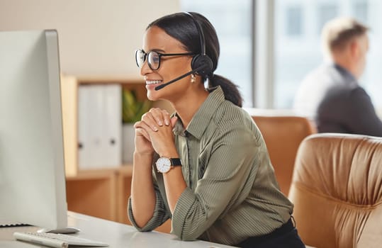 Call center, smile and business woman consulting for crm, contact us and telemarketing in office. Happy, customer service and female consultant with friendly service in online help, support or advice.