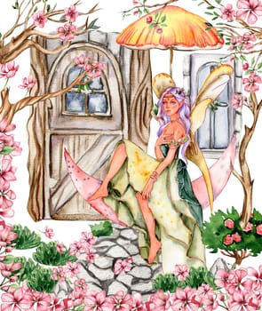 Composition with forest fairy, green tree and bushes . Watercolor hand drawn illustration . Perfect for greeting card, poster, wedding invitation, party decor.