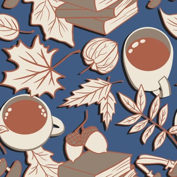 Hand drawn seamless pattern with fall autumn leaves, cup of tea coffee, stack of books. Brown beige elements on blue background, cozy retro rustic cottagecore design, maple oak leaf Physalis beverage