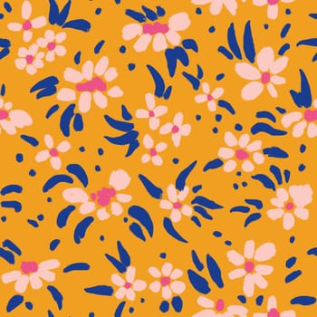 Hand drawn seamless pattern with orange pink dark blue flower floral elements, ditsy summer spring botanical nature print, bloom blossom stylized petals. Retro vintage fabric design, cute dots nature meadow