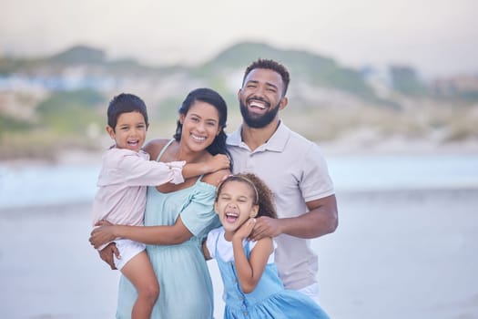 Family, parents or portrait of happy children on beach to travel with joy, smile or love on holiday vacation. Mom, funny or father with kids laughing in Mexico with happiness bonding together at sea.