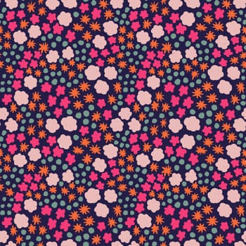 Hand drawn seamless pattern with pink turquoise flower floral elements, ditsy summer spring botanical nature print, bloom blossom stylized petals. Retro vintage fabric design, cute dots nature meadow