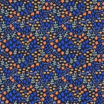 Hand drawn seamless pattern with blue orange flower floral elements, ditsy summer spring botanical nature print, bloom blossom stylized petals. Retro vintage fabric design, cute dots nature meadow