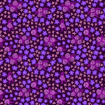Hand drawn seamless pattern with blue dark purple flower floral elements, ditsy summer spring botanical nature print, bloom blossom stylized petals. Retro vintage fabric design, cute dots nature meadow