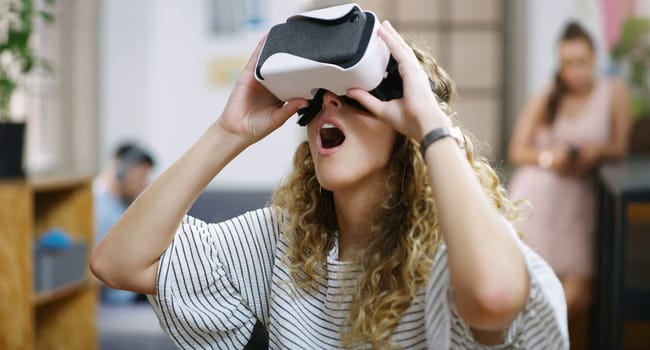 Virtual reality, future and shocked woman in the metaverse, digital or VR in a technology agency or futuristic startup company. Smile, fantasy and surprised person using internet 3D web tech online.
