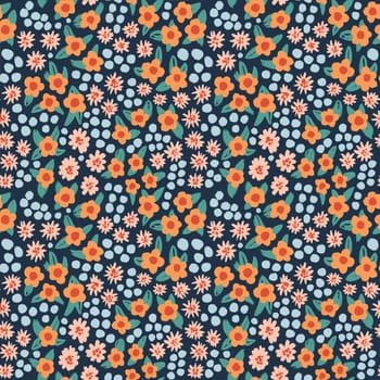 Hand drawn seamless pattern with orange pink blue flower floral elements, ditsy summer spring botanical nature print, bloom blossom stylized petals. Retro vintage fabric design, cute dots nature meadow