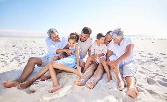 Vacation, travel or big family on beach to relax in nature bonding to enjoy quality time in summer. Happy kids, wellness or children laughing with grandparents, father or mother by ocean on holiday.