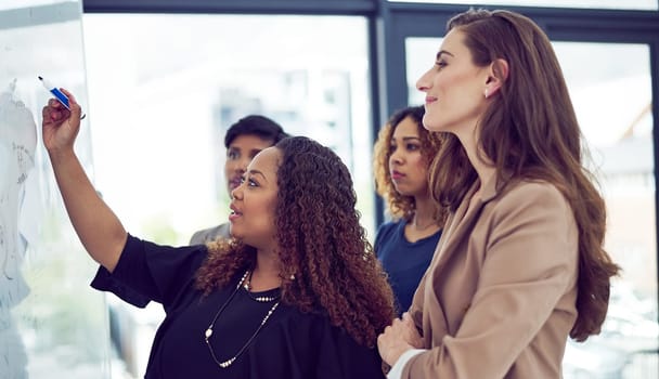 Making some minor adjustments. a group of businesswomen working on a whiteboard in the boardroom