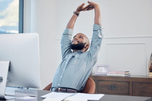 Relax, business and black man stretching, employee and professional with computer, success and growth. Male person, consultant and agent in an office, stretch and hands behind head with finished task.