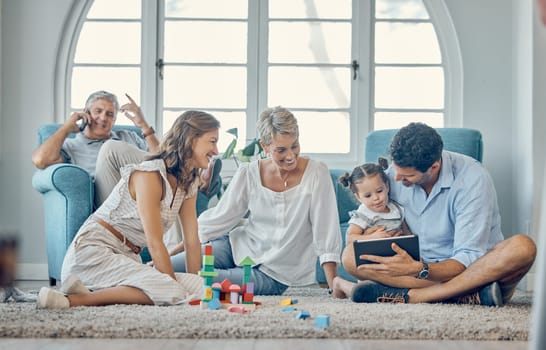 Education, learning and family with a tablet for a child streaming a video, cartoon or game. Happy, relax and girl kid playing on technology with her dad for games and digital social connection.