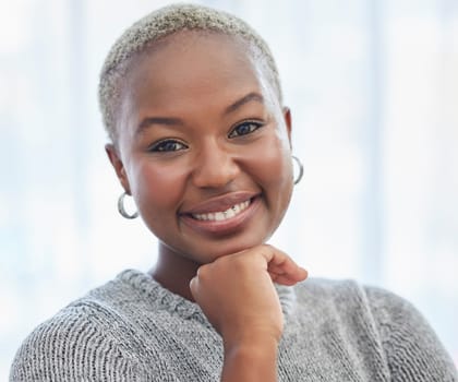 Happy black woman, smile and portrait in office at digital marketing business for success, motivation or vision. African woman, happiness and beauty in workplace for leadership, management or web job.