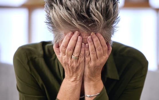 Elderly woman, face and stress for depression, fatal results and emotional with distress, mental health or burnout. Mature female person, lady and shame with illness, health and medical diagnosis.