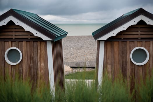 Wooden houses on the ocean coast bathing cabins at Saint marguerite sur mer