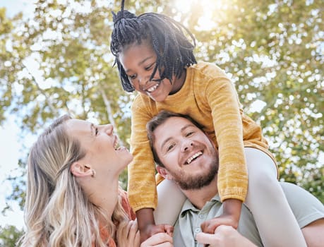 Adoption, family and parents with girl, outdoor or smile together with happiness. Adopted daughter, mother or father carry black child, happy or relax with love, diversity, and play for quality time
