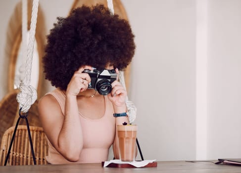 Black woman, camera and drink for social media, online post and blogger. African American female, young girl or influencer take picture, for posting on internet or milkshake for creative photographer.