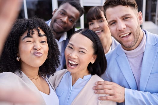 Selfie, team building and happy business people funny in celebration as a successful company outside office. Teamwork, winning and photo or social media update by diverse employee or worker group.