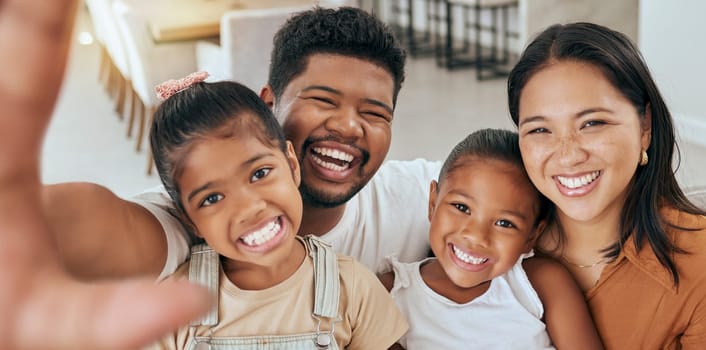 Portrait of family selfie, happy and smile relationship bonding together in home. Relax having fun, parents and young children spend quality time and love happiness for photograph for social media.
