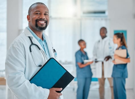 Healthcare, doctor and portrait of black man with file for medical report, results and wellness. Hospital manager, clinic and face of male worker smile for service, consulting and insurance document.