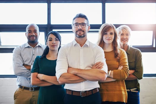 Teamwork, crossed arms and portrait of business people in the office for unity, collaboration or partnership. Professional, diversity and team with success, support and leadership in the workplace