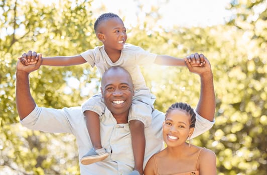 Black family, mother or father with kid in park to relax with smile or wellness on fun holiday together. African dad, happy mom or child bonding or smiling with lovely parents in nature in Nigeria.