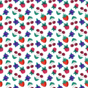 illustration of seamless background of assorted colorful berries on white isolated surface