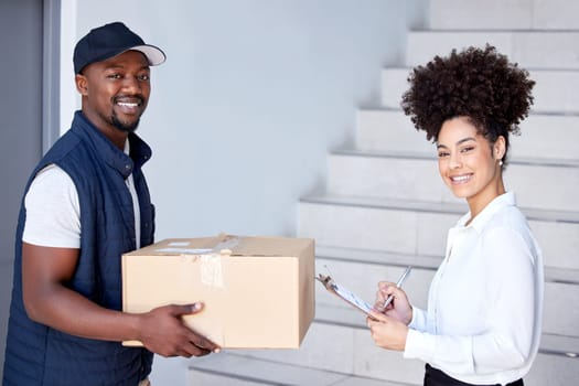 Delivery, box and portrait of man with woman for shipping, logistics and distribution service. Ecommerce, online shopping and happy male courier deliver box, parcel and order for client signature.