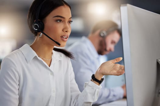 Call center, advisory and computer with woman in office for communication, customer service or help desk. Telemarketing, sales and advice with female employee for commitment, contact us and hotline.