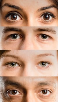 Portrait, eyes and diversity of people for optometry, eyebrow shape or eyelash difference. Face zoom, collage and diverse group of optometrist patients showing eye color, pupils and optic gaze.