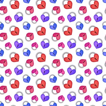 seamless pattern of multicolored locks with hearts as symbol of love against white background