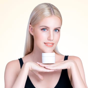 Closeup personable beautiful perfect natural cosmetic makeup skin woman holding mockup jar moisturizer cream for healthy skincare treatment, anti-aging product advertisement in isolated background.