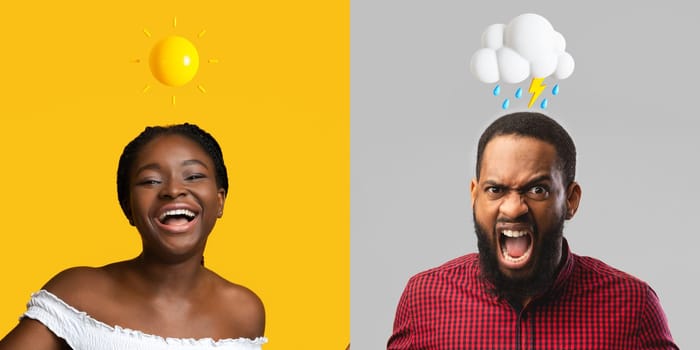 Mental Health. Black man and woman expressing different emotions on colorful backgrounds, african american male and female with weather emojis above head showing contrast in human moods, collage