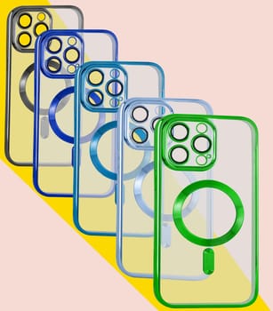 silicone phone cases on a colored background exhibited in a row
