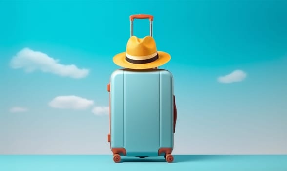 vacation suitcase concept sunscreen trip travel background traveler large mockup air yellow journey holiday design bag leisure luggage hat baggage blue. Generative AI.