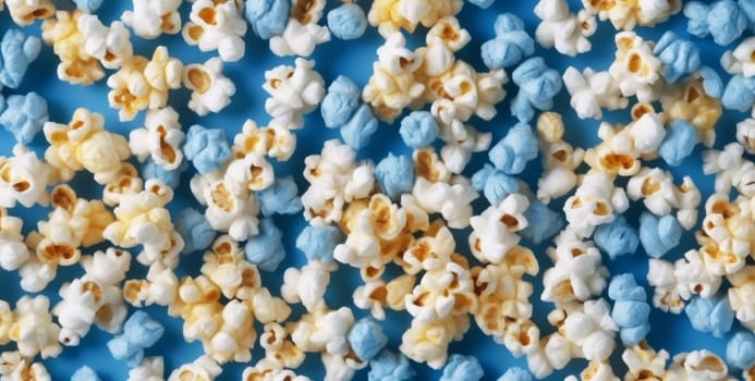 white snack classic bucket corn food art paper closeup background blue box poster entertainment crunchy popcorn salted full cinema eat space. Generative AI.